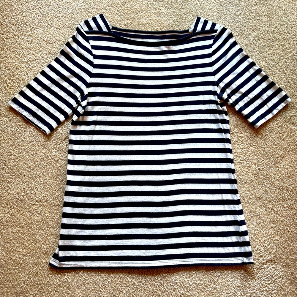 Talbots Black and White Stripe Top with Unique Square Neckline, Elbow Sleeves.